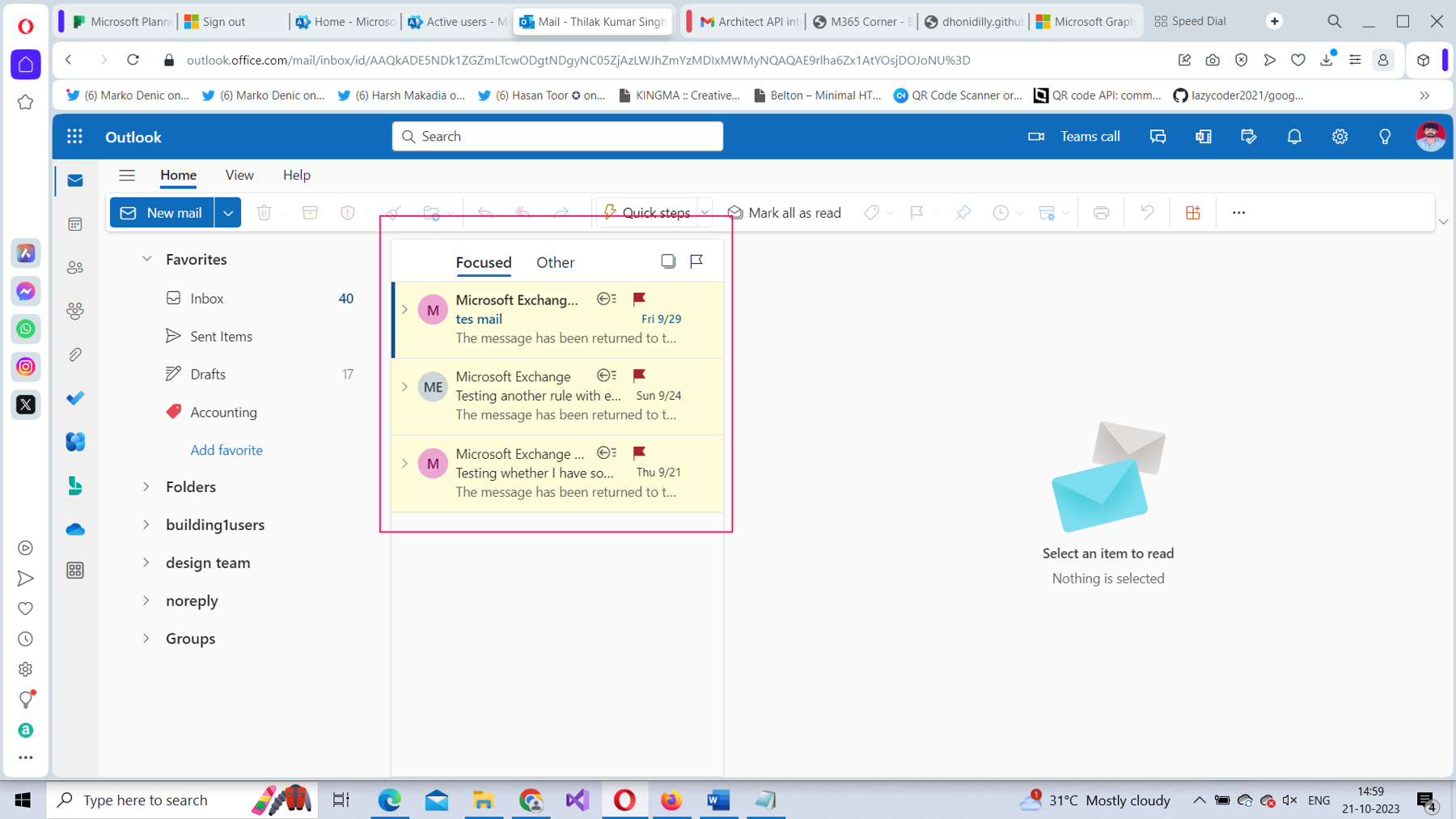 This screenshot shows all the flagged emails listed in Microsoft 365 Outlook on the web.