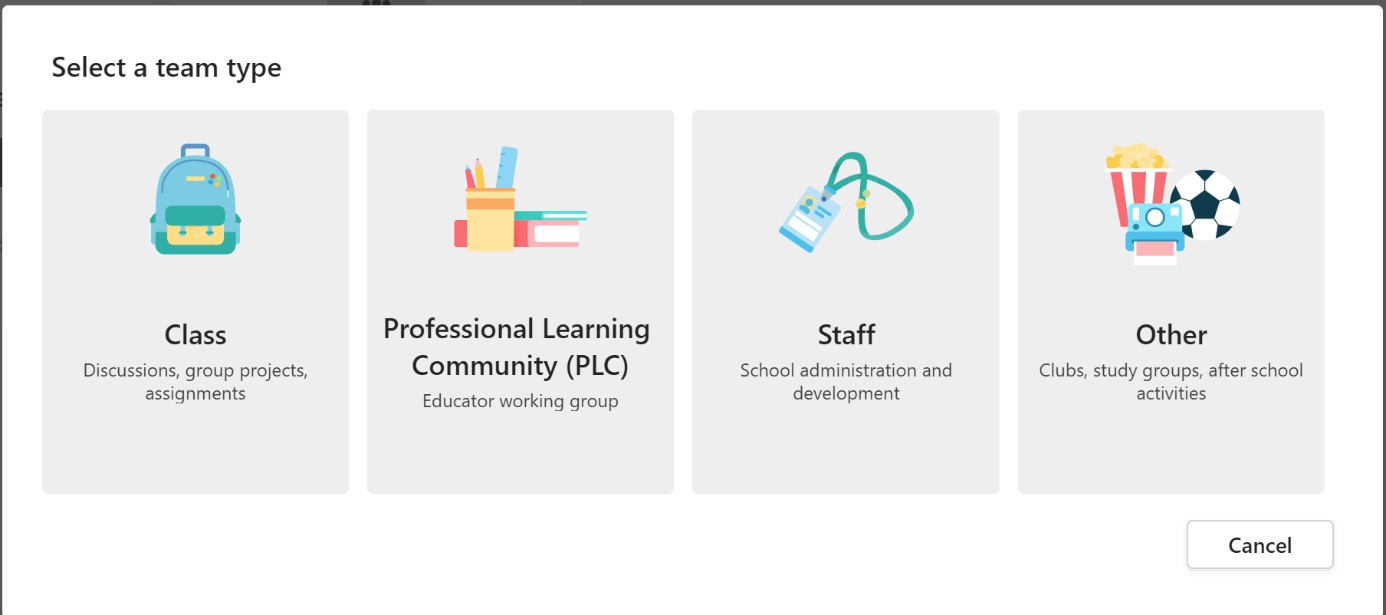 A Screenshot showing the team creation screen in Microsoft Teams for education with the prompt to select one of the four team types: Class, Professional Learning Community, Staff, or Other. 