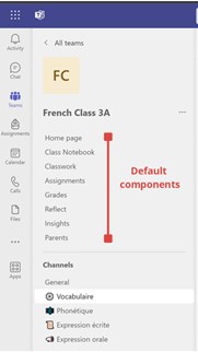 ALT Text: A partial screenshot of the Microsoft Teams for education app with the Teams tab selected, showing a demonstration Class team. The default Class team components are displayed: Home page, Class Notebook, Classwork, Assignments, Grades, Reflect, Insights, and Parents. Below that are the team channels: General channel and several custom channels specific to the class.