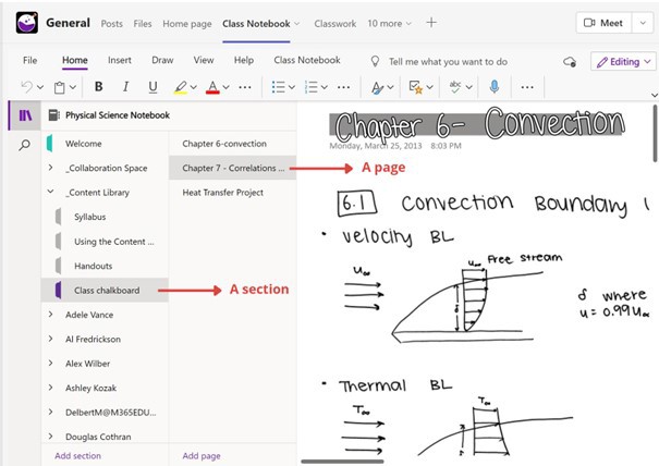 A screenshot of a OneNote Class Notebook for a Class team. A page is displayed within the page hierarchy Content Library Class chalkboard Chapter 6.