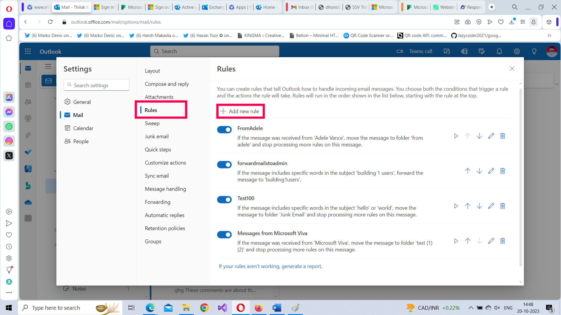 This screenshot shows how you can add an inbox rule in the settings pane of Microsoft 365 Outlook on the web.