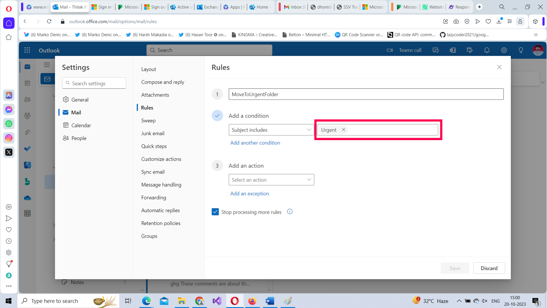 This screenshot shows how you can configure what the subject should include as part of the inbox rule condition in Microsoft 365 Outlook on the web.   