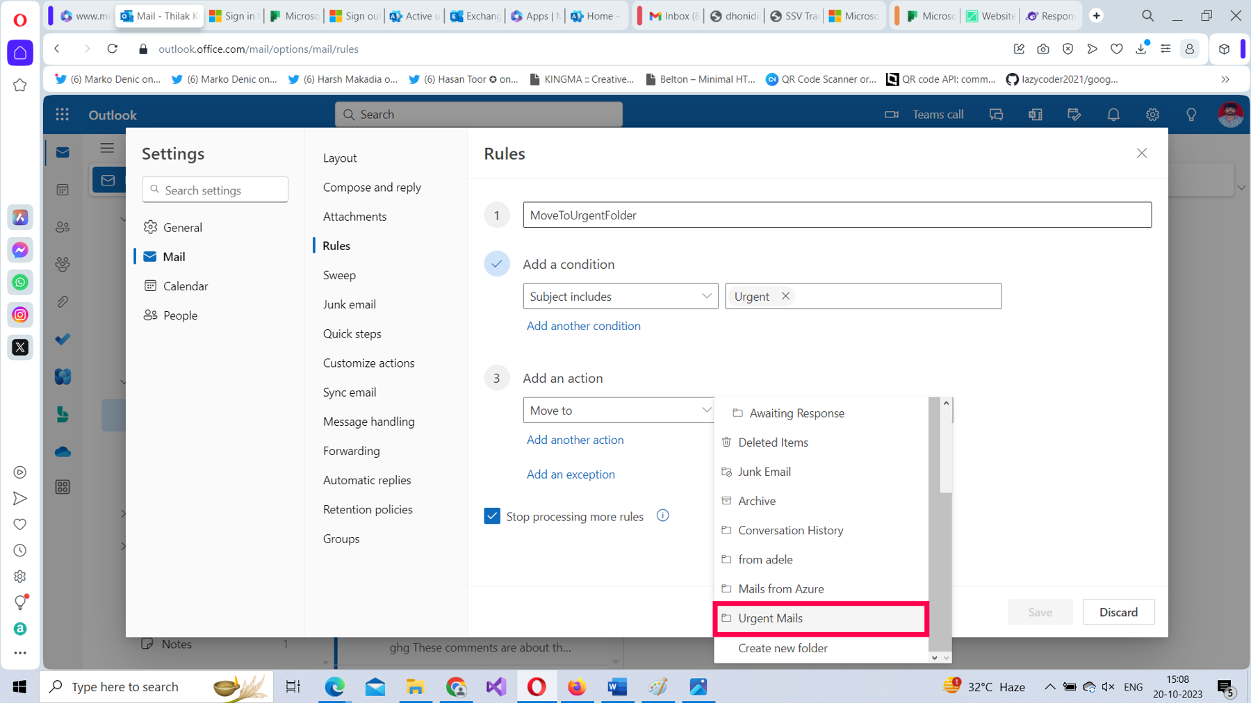 This screenshot shows how you can set the action for the inbox rule in Microsoft 365 Outlook on the web.