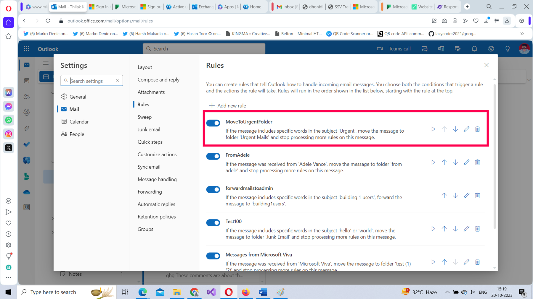 This screenshot shows the configured inbox rule being displayed within the app settings pane of Microsoft 365 Outlook on the web.