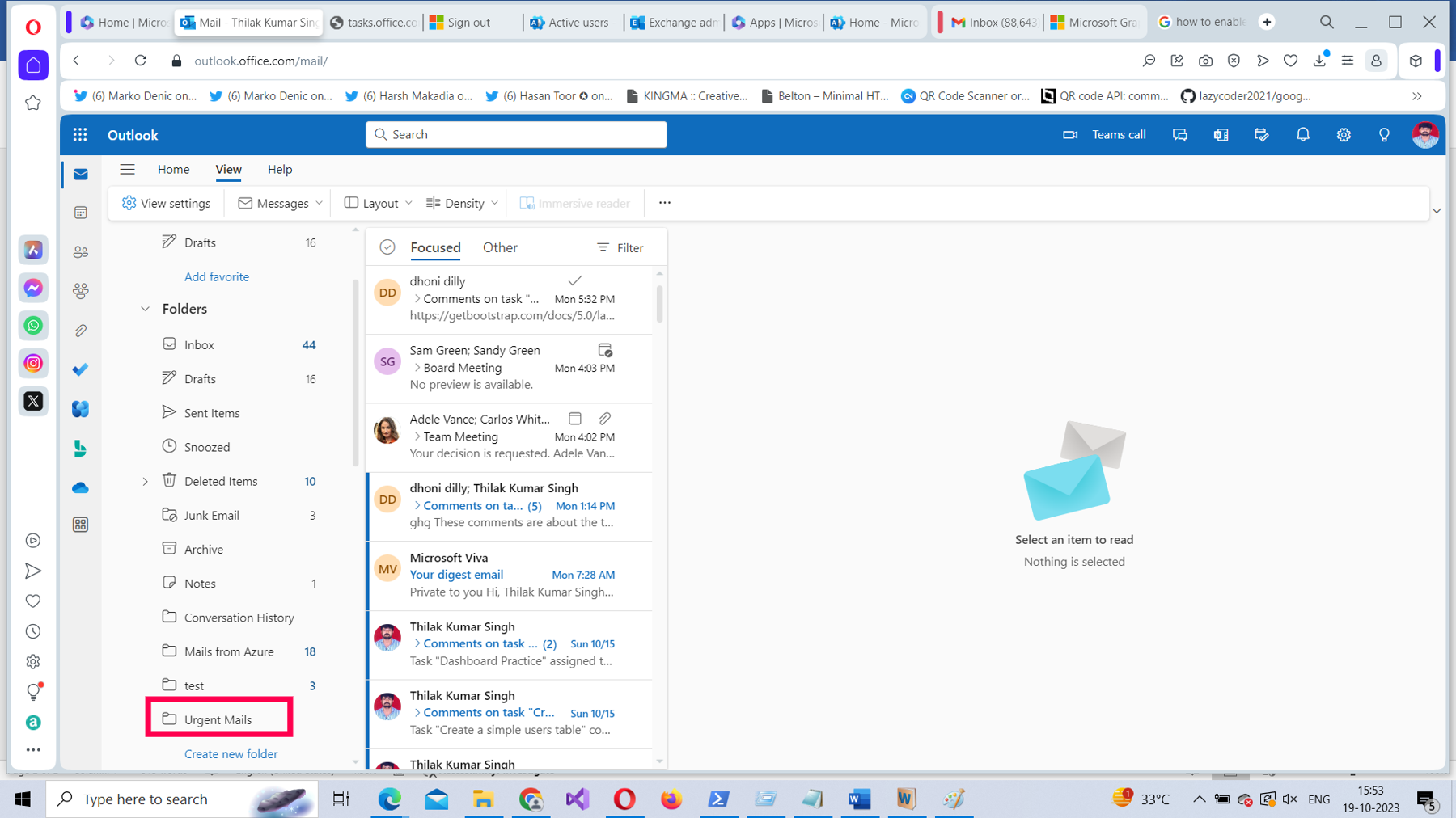This screenshot shows the newly created folder in Microsoft 365 Outlook on the web.