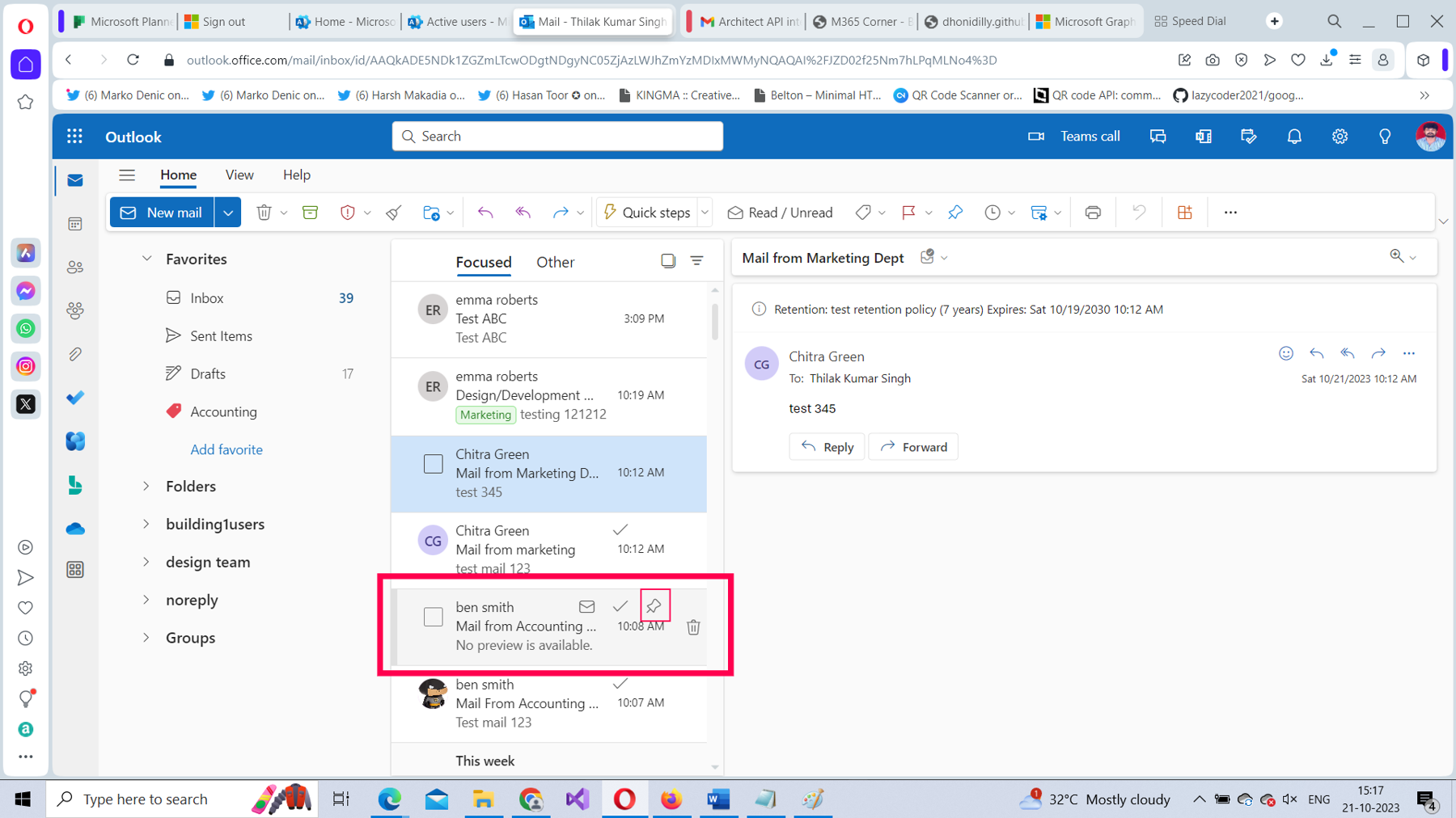 This screenshot shows how you can pin an email by selecting the pin icon, which appears when you hover over an email in Microsoft 365 Outlook on the web.