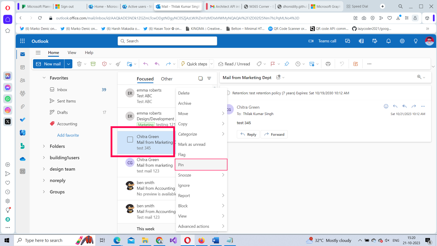 This screenshot shows how you can pin an mail by right-clicking it and selecting Pin in Microsoft 365 Outlook on the web.