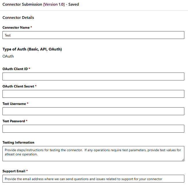 This screenshot shows the connector details form in ISV Studio. It includes fields for the connector name, type of authorization, testing information, and other details.