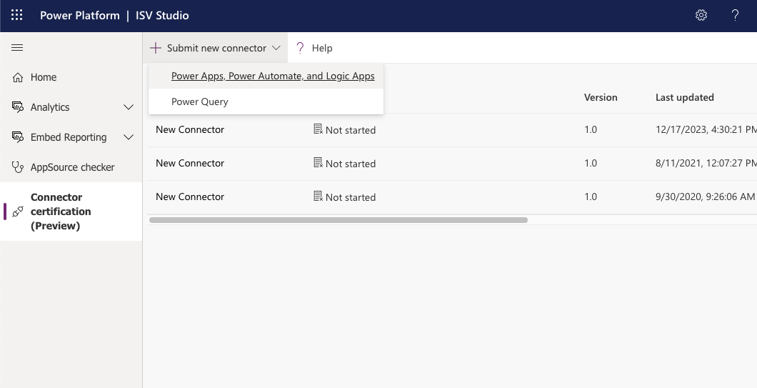 This is a screen capture of the Submit new connector button in the ISV Studio portal.