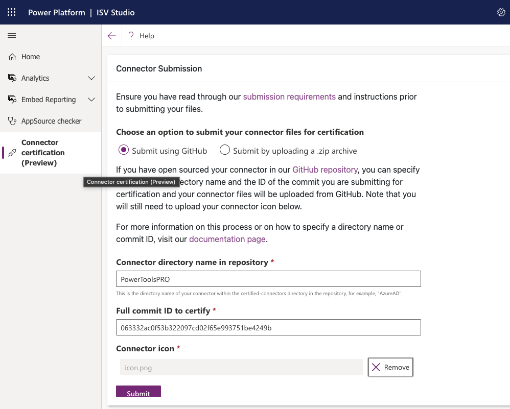 This is a screen capture showing the new connector submission for in ISV Studio.