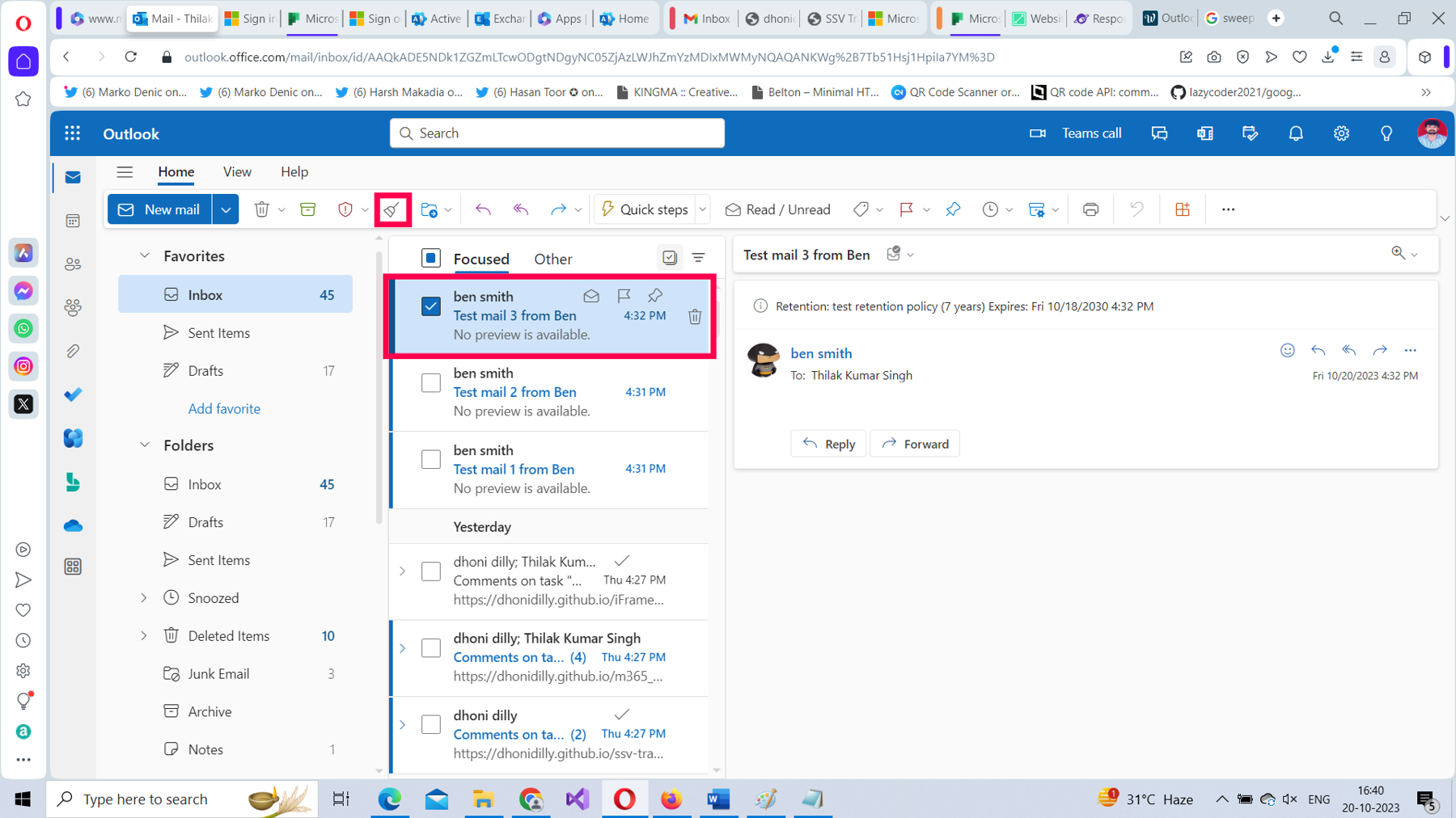 This screenshot shows how you can select an email and apply a sweep rule to it using Microsoft 365 Outlook on the web. 
