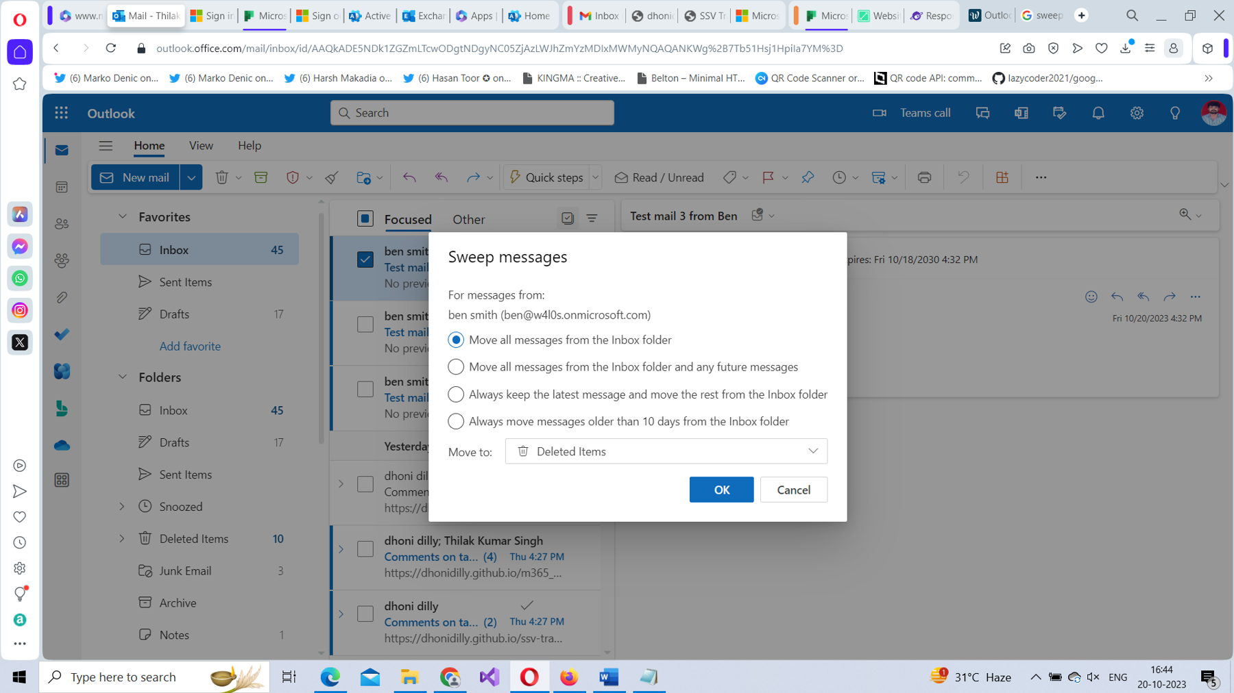 This screenshot shows different options for setting up sweep rules in Microsoft 365 Outlook on the web.