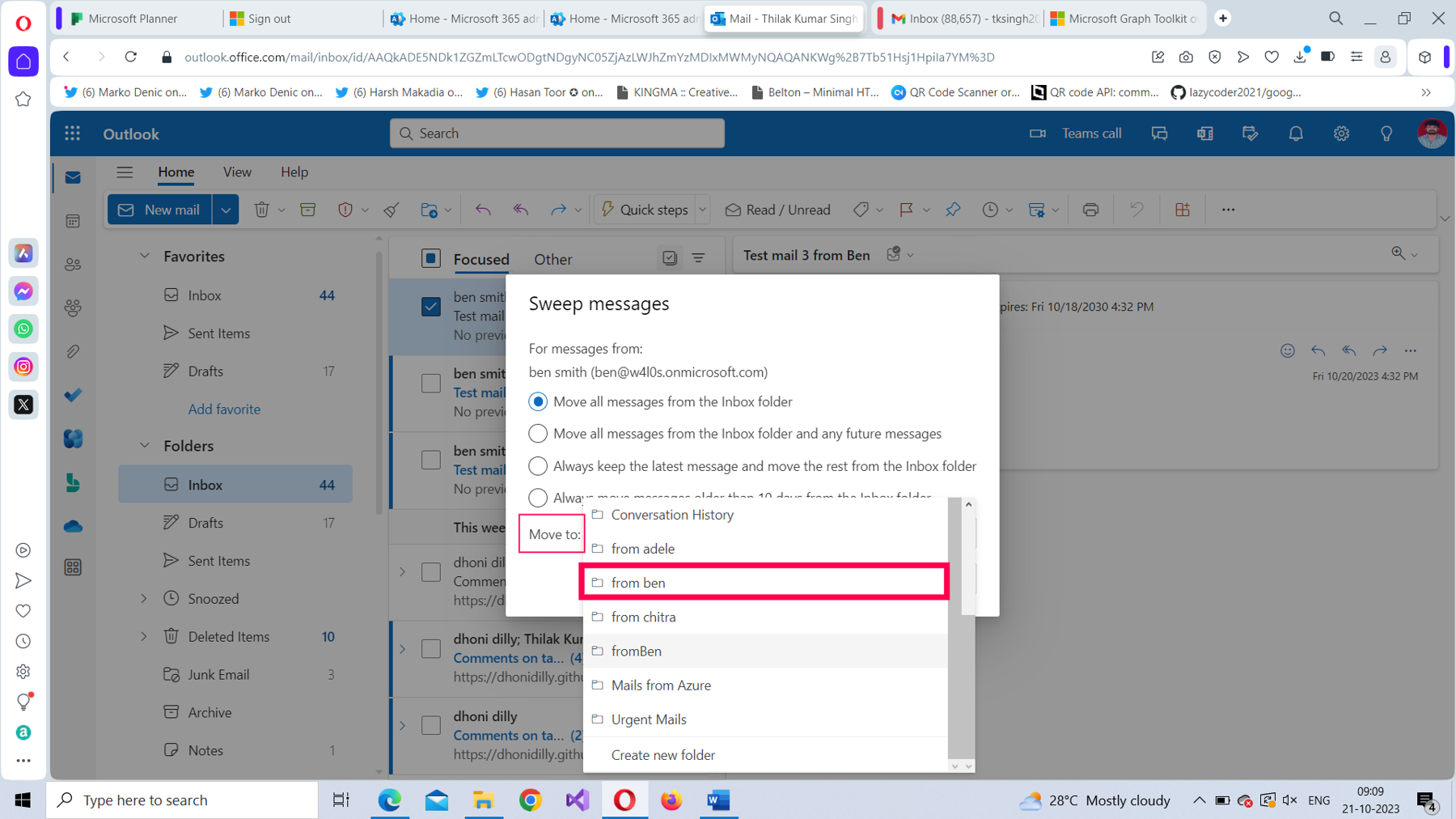 This screenshot shows how you can move all your mails to a specific folder when applying sweep rules in Microsoft 365 Outlook on the web. 