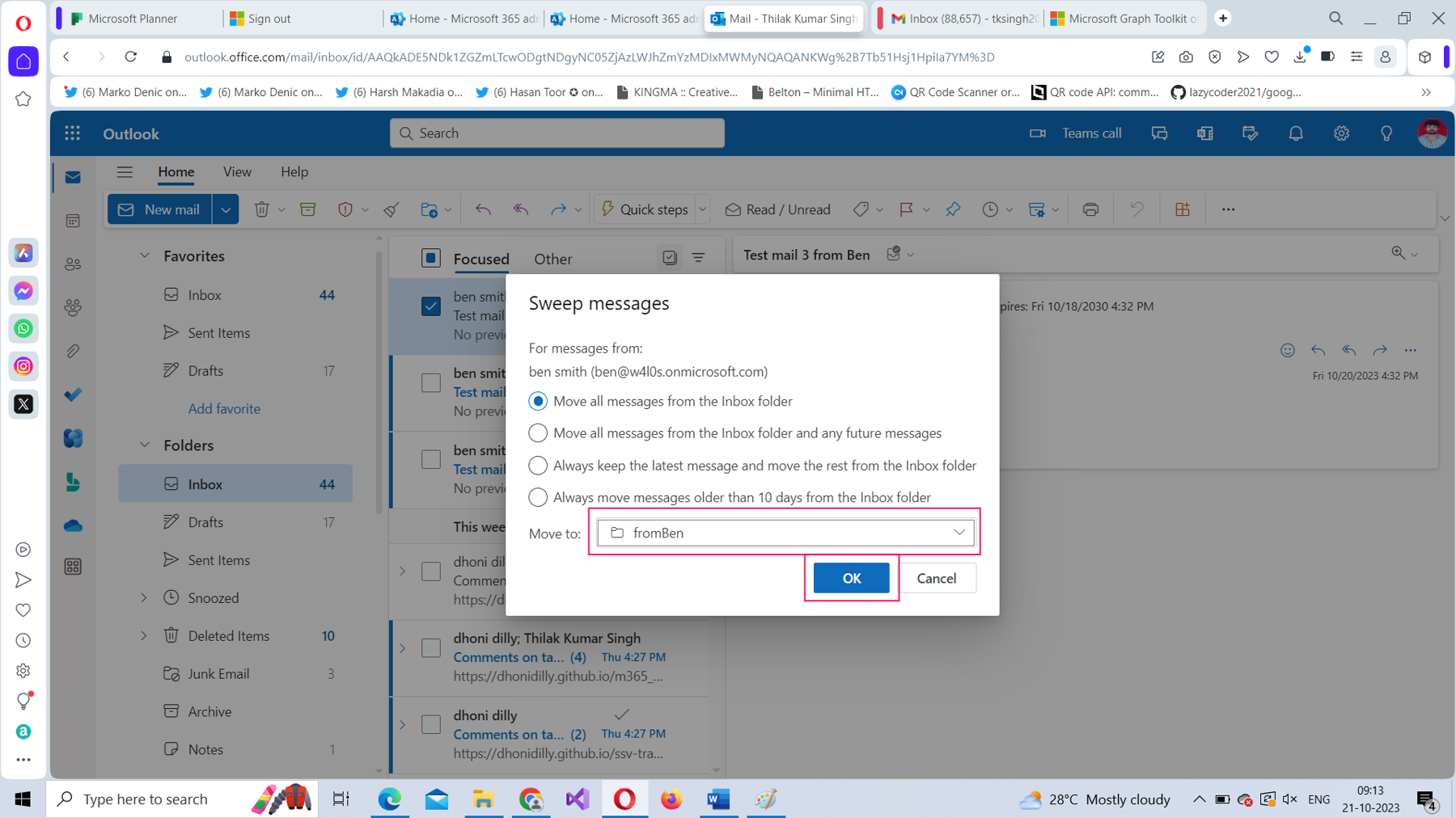 This screenshot shows how you can move all your emails to a specific folder when applying sweep rules in Microsoft 365 Outlook on the web.