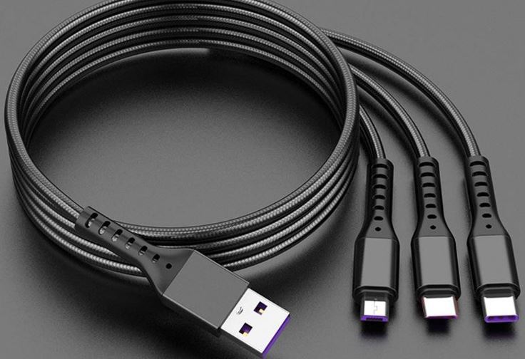 This image shows a USB cable with a single USB-A connector on one end, and microUSB, Lightning, and USB-C connectors on the other end.