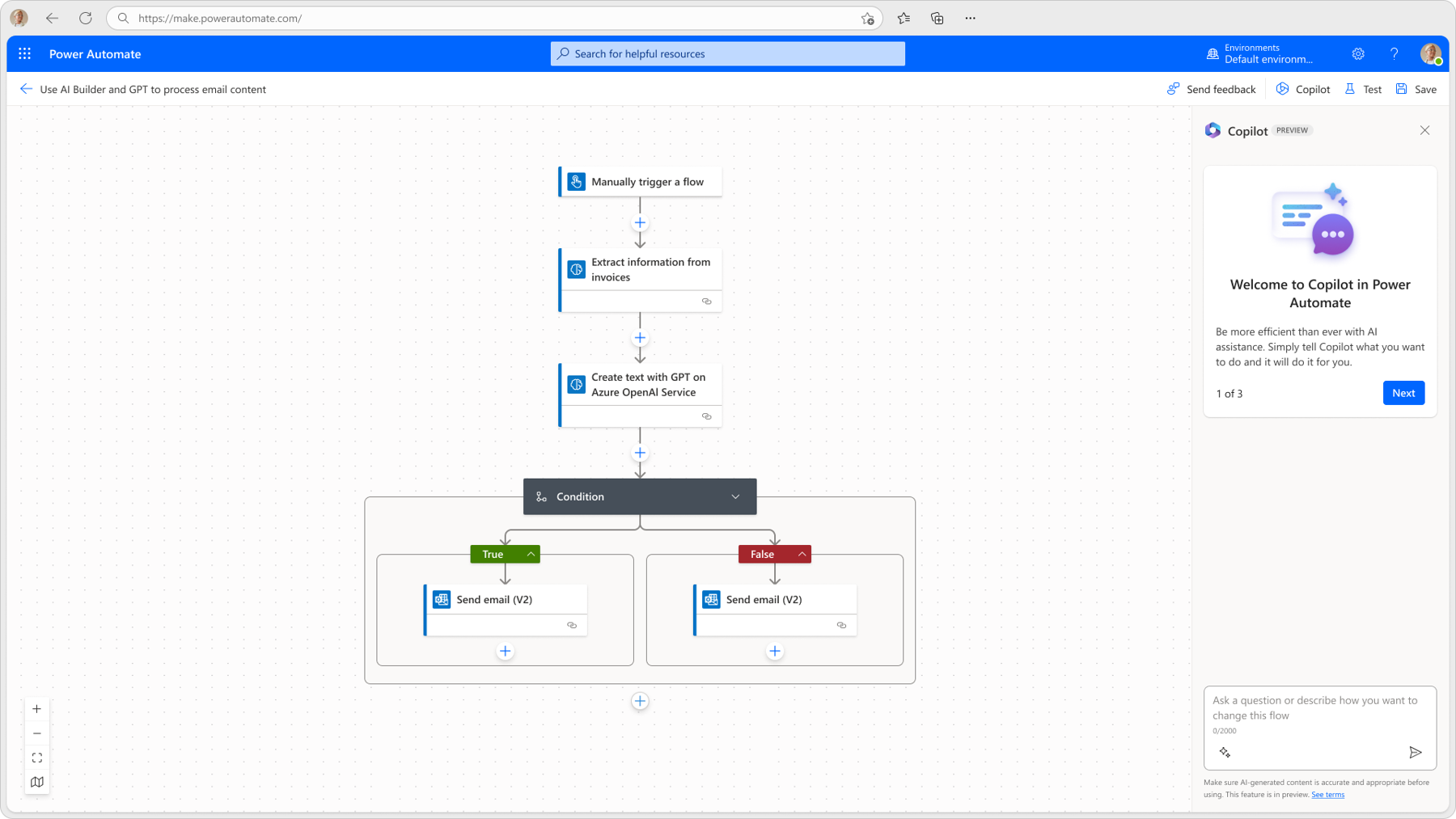 Screenshot of using Copilot to manually trigger a flow, extract information from invoices, and create text with GPT on Azure OpenAI.