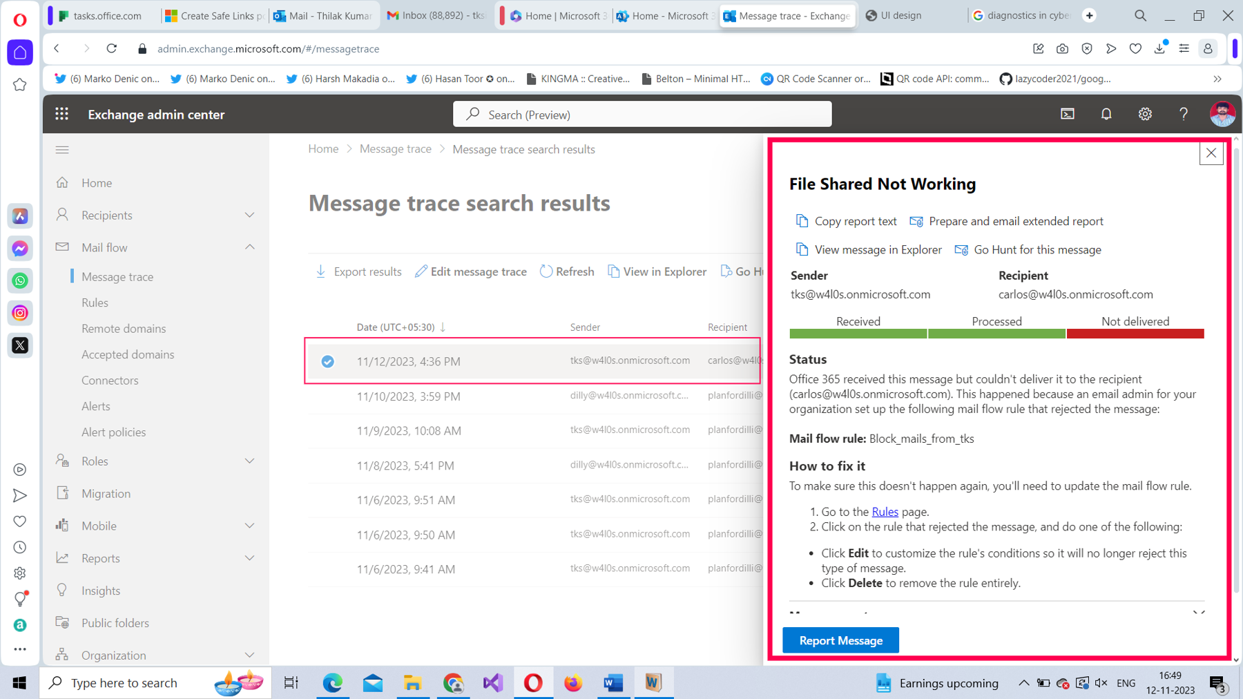 This screenshot shows details about failed messages including status, mail flow rules, and how to fix it.
