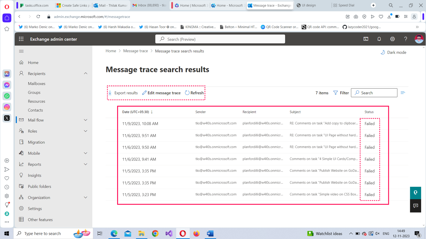 This screenshot shows message trace search results being displayed.