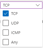 A drop-down menu showing the protocols TCP, UDP, ICMP, and Any. Each choice can be ticked, so any combination of the choices is possible.