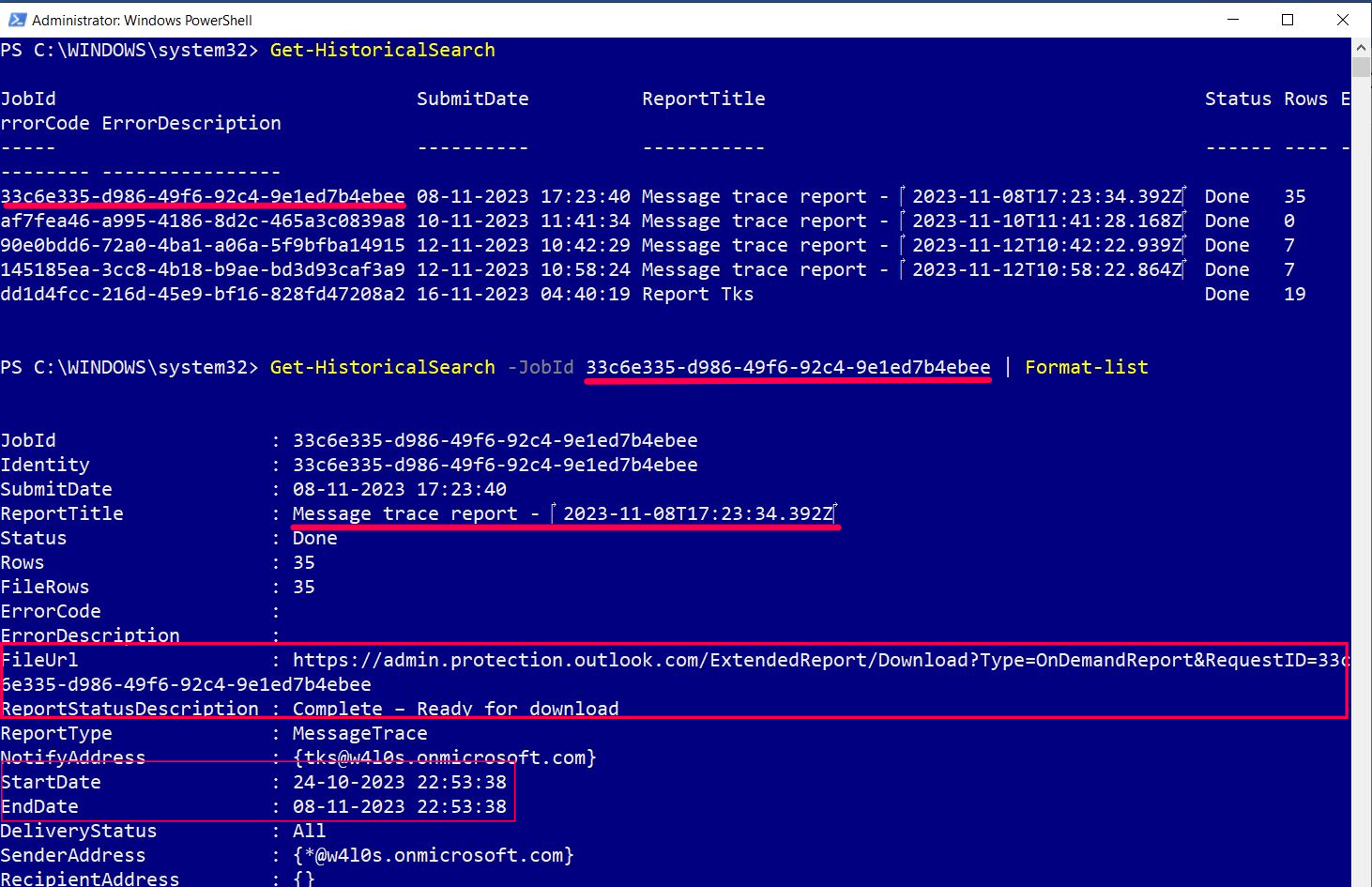 This screenshot shows Fetching Message trace report using JobId.