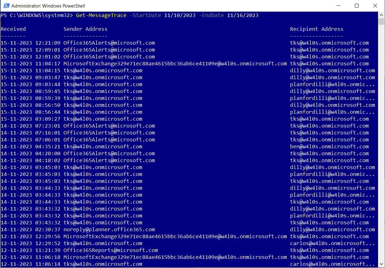 This is a screenshot of passing the StartDate and EndDate parameter values to Get-MessageTrace cmdlet.
