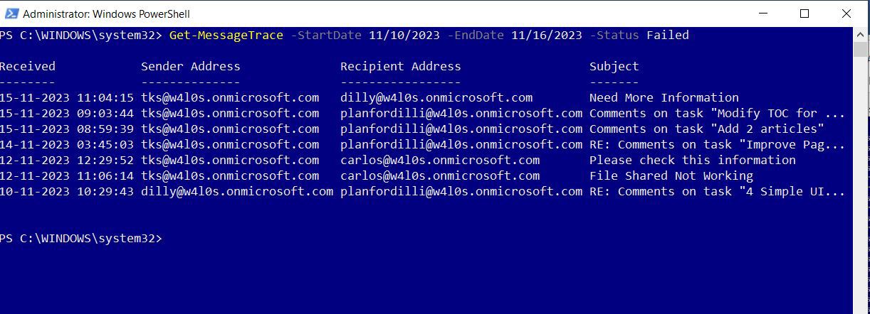 This screenshot shows getting only the failed messages by passing the Status parameter as failed to the Get-MessageTrace cmdlet.