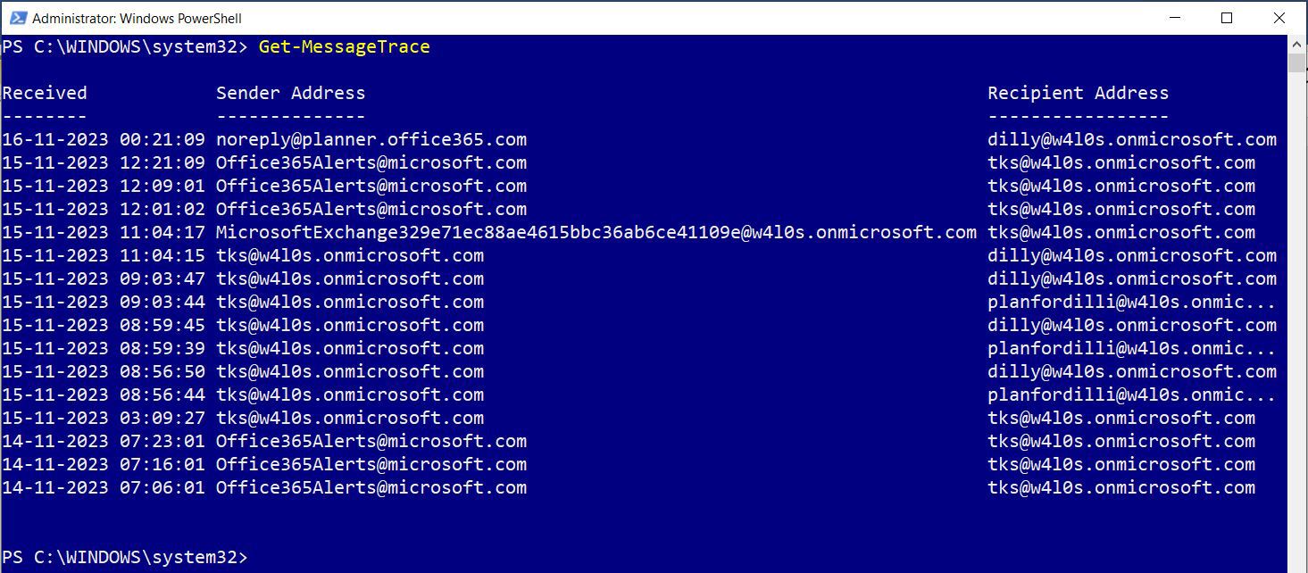 This is a screenshot of running the Get-MessageTrace cmdlet to get all the messages sent from your domain.