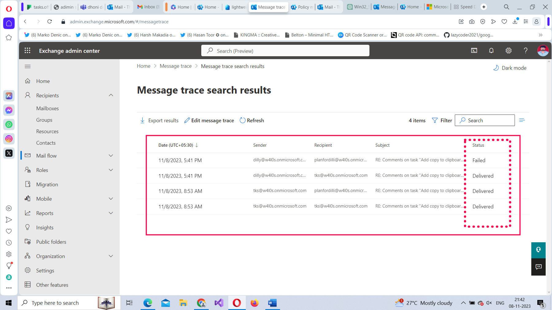 Message trace search results being displayed.