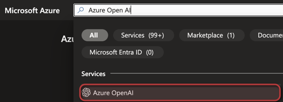 Screenshot of the Azure Portal and searching for Azure OpenAI, which returns a list of over 99 services.