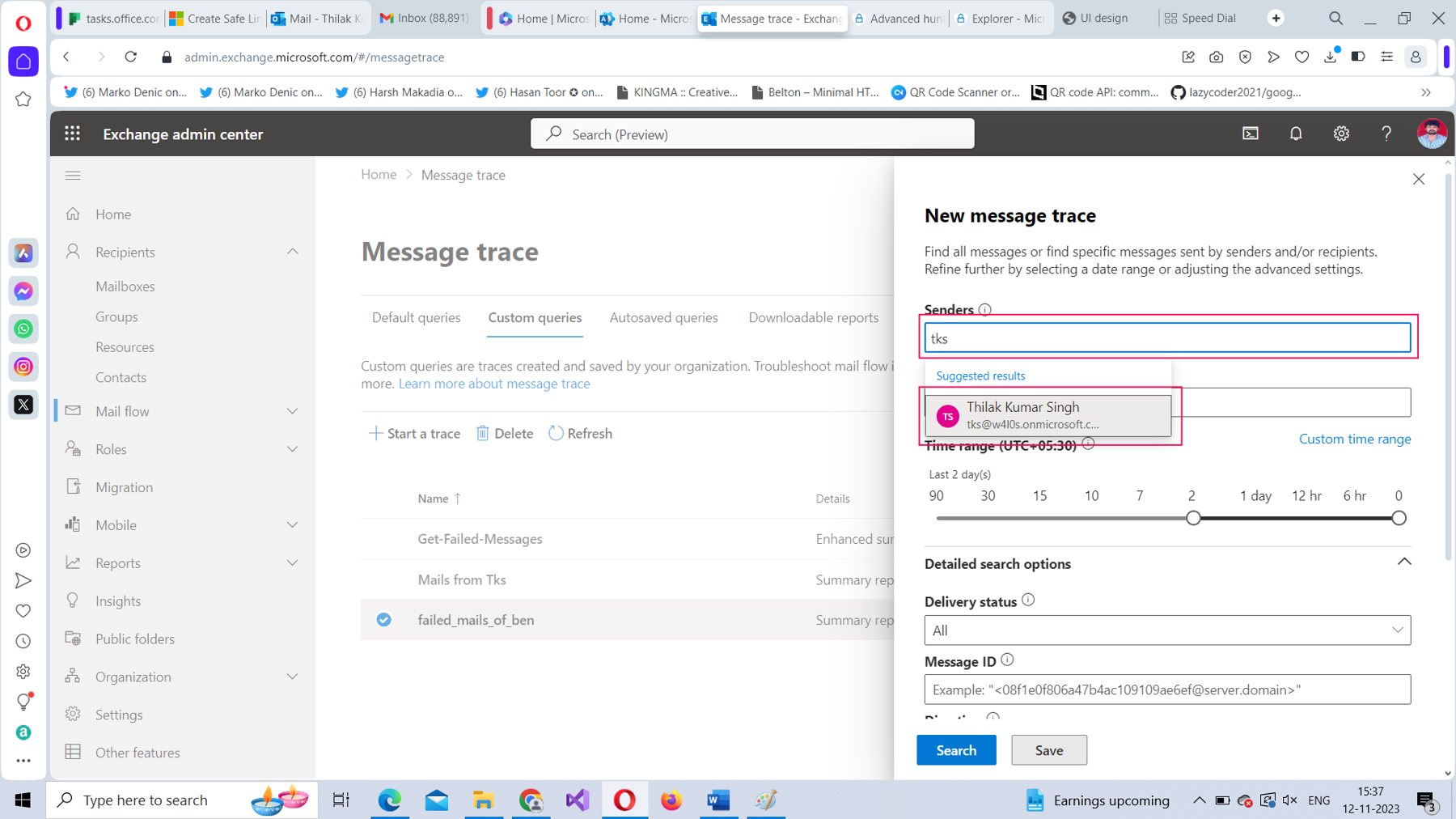 Screenshot that shows the user being selected for applying the message trace that is being configured. 