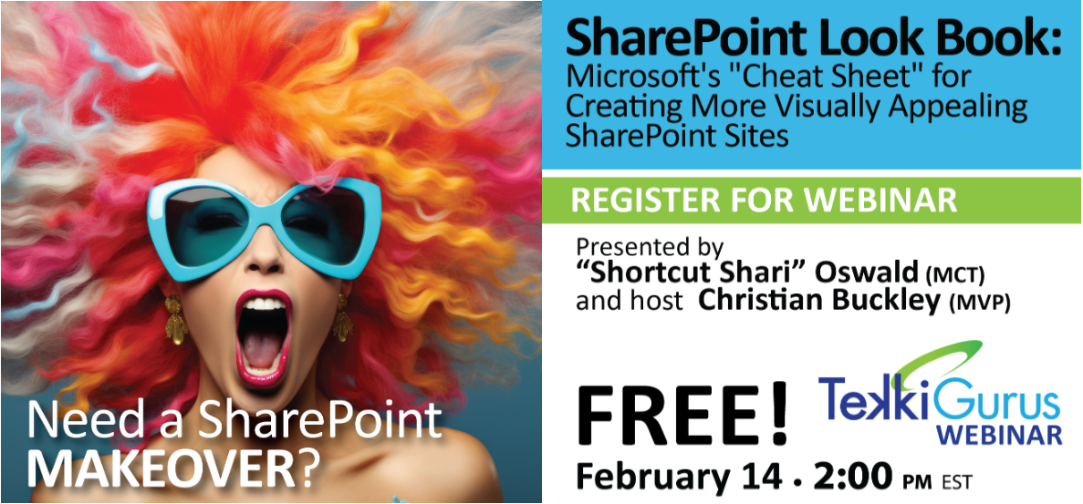On the left, a visually stunning image of a person with big, wild, colorful hair and large sunglasses. On the right, text describing the webinar details including title, hosts, date and time.