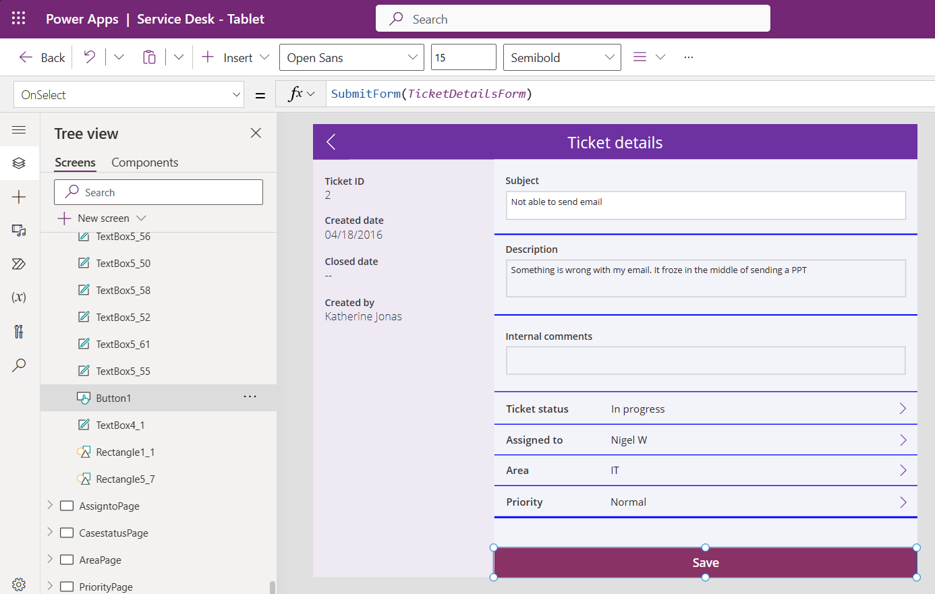 Screenshot of Power Fx expression to submit a form.