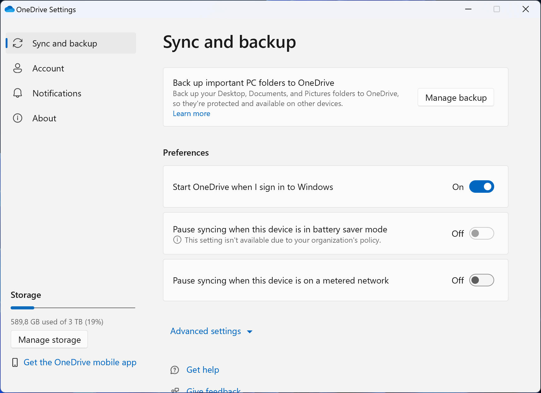 The image shows the OneDrive settings the user can choose from.