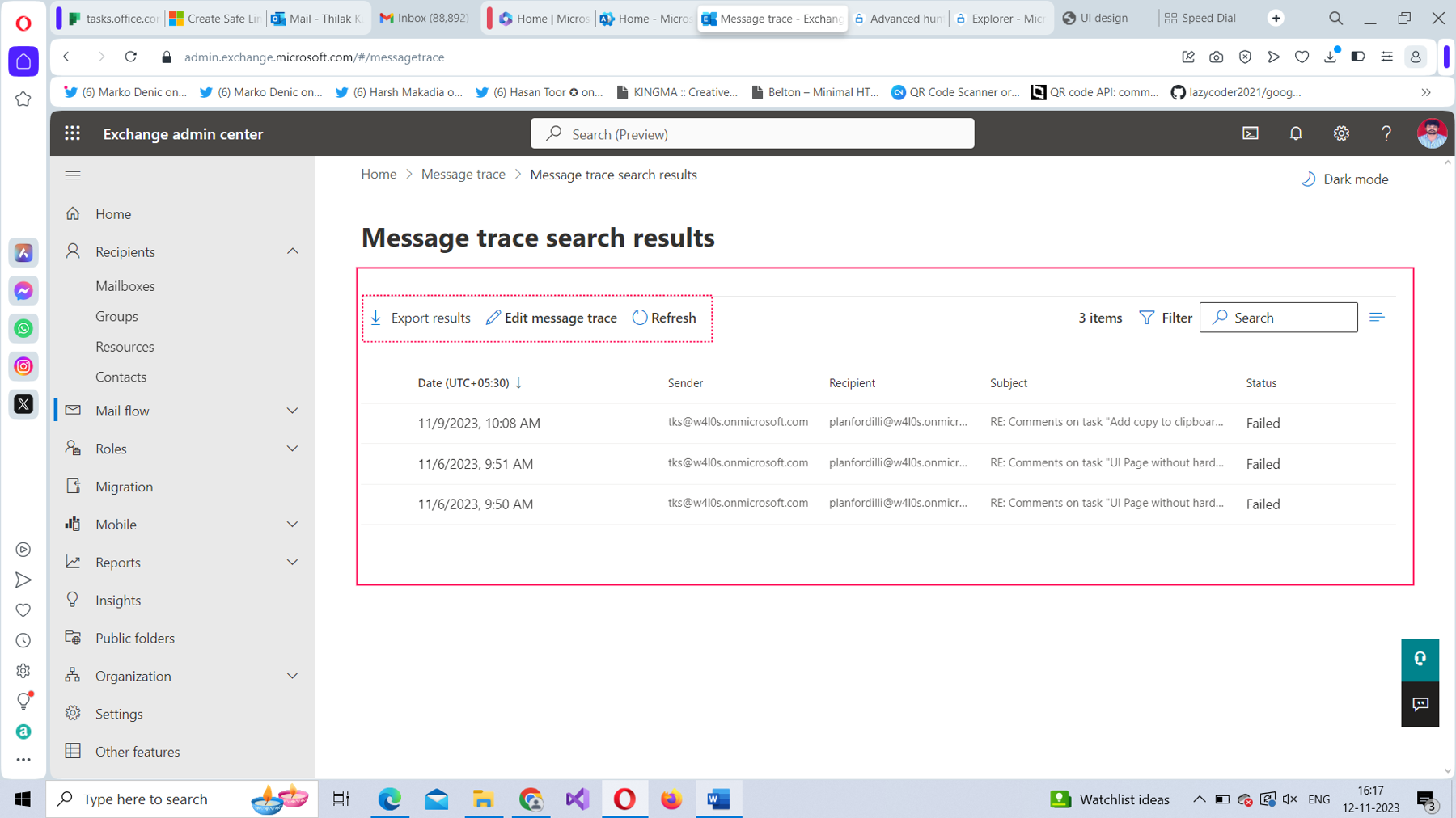 This screenshot shows message trace search results.