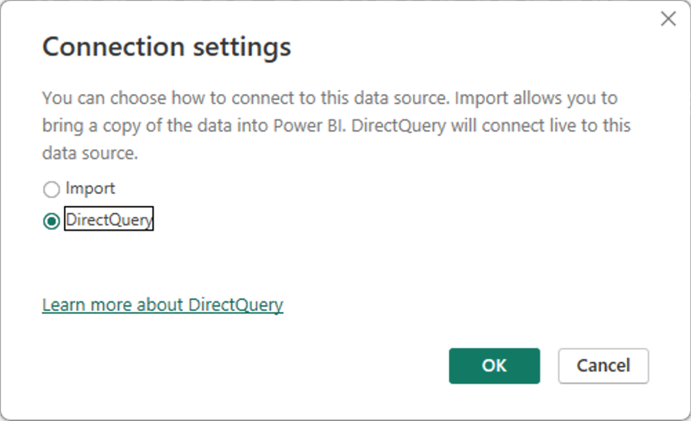 Screenshot of setting a dataset to DirectQuery.