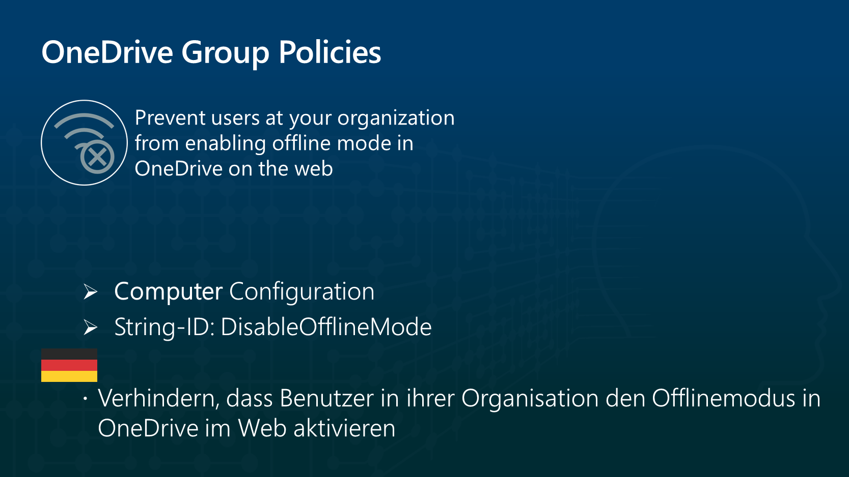 The image shows the group policy “Prevent users at your organization from enabling offline mode in OneDrive on the web” in the computer configuration with the string ID DisableOfflineMode.
