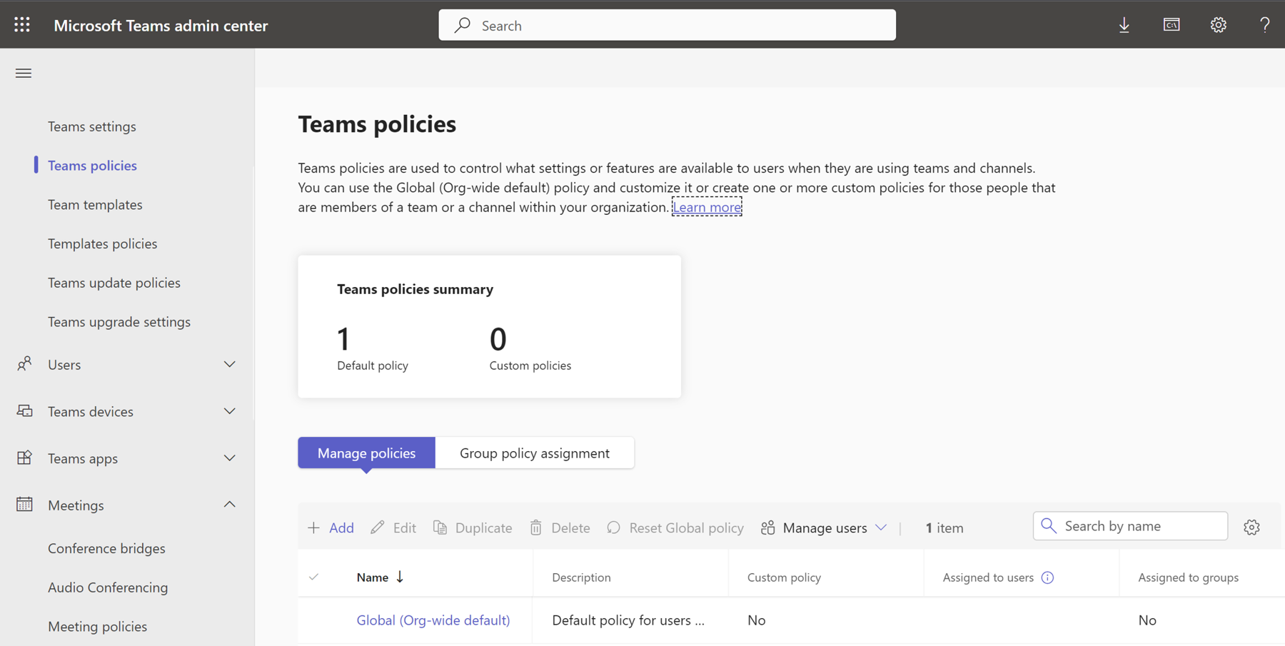 The Teams admin center, focused on Teams policies, where the user can add, edit, and delete policies. In this case, the default (global) policy is the only one entered.