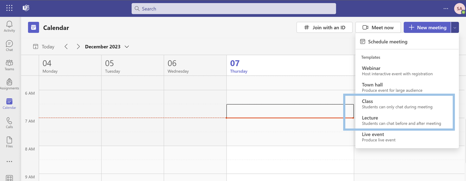 The Teams Calendar page with the new meeting dropdown selected. The two education templates—class and lecture—are highlighted.