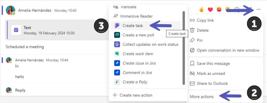 Screenshot illustrating the first three steps to convert a message saved in Teams into a task in Planner.
