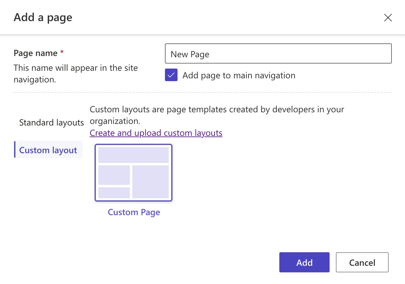 Screenshot of creating a new page using the Custom Page template.
