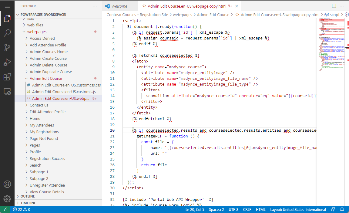 Screenshot of editing code in Visual Studio Code for Web.