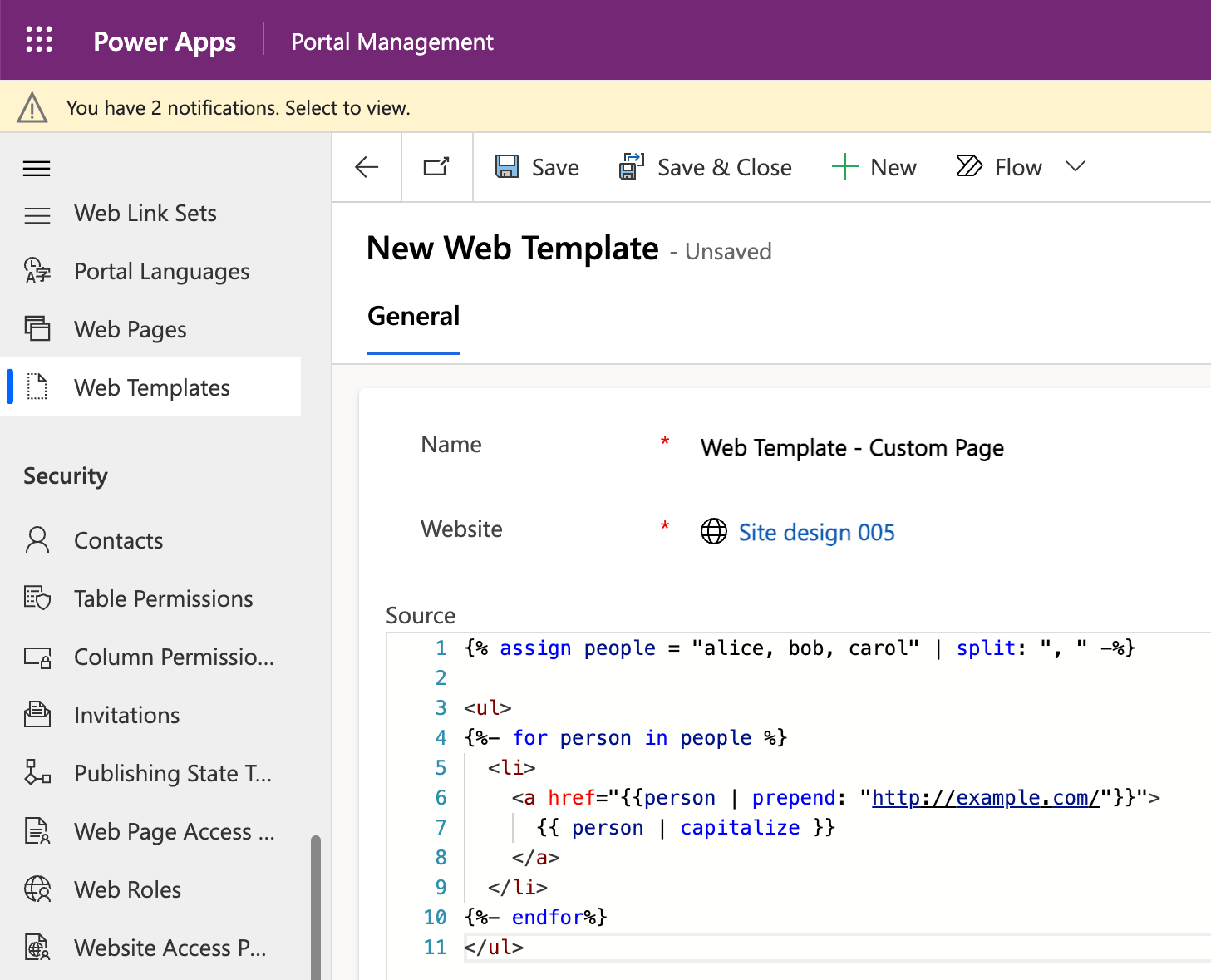Screenshot of creating a web template using Liquid in the Portal Management app.