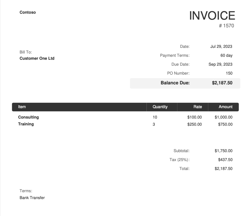 Screenshot of Invoice Example 1.