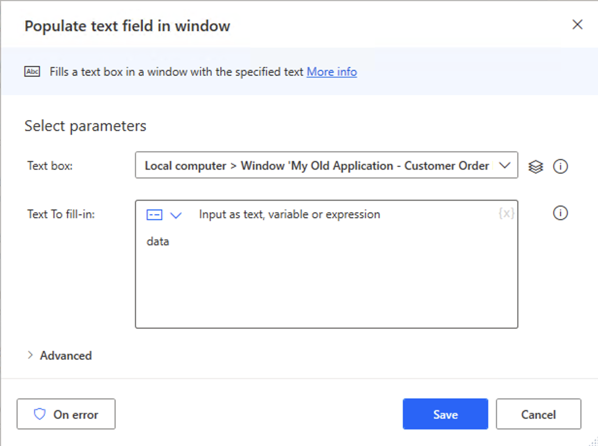 Screenshot of populating a text box on the Customer Order Request windows with the word data.