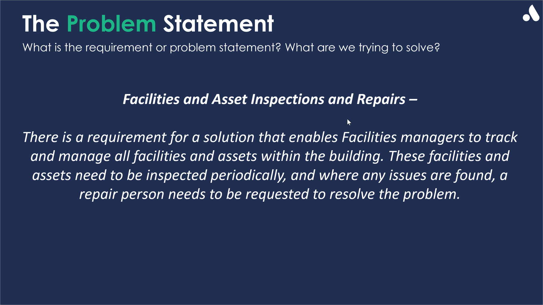 Screenshot of the facilities and asset management problem statement.