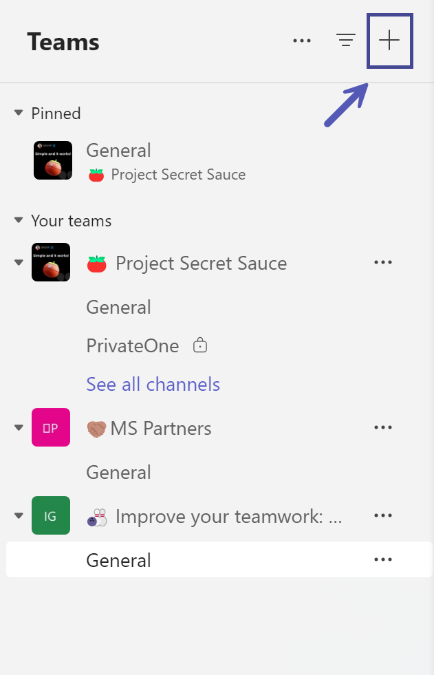 Screenshot show the + icon, which you click to join a team.