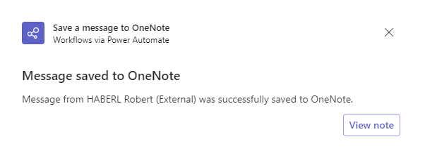 Screenshot showing that the message was saved to OneNote after the workflow ran.