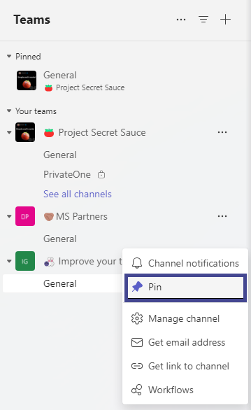 Screenshot of Microsoft Teams indicating you can pin a channel or team.
