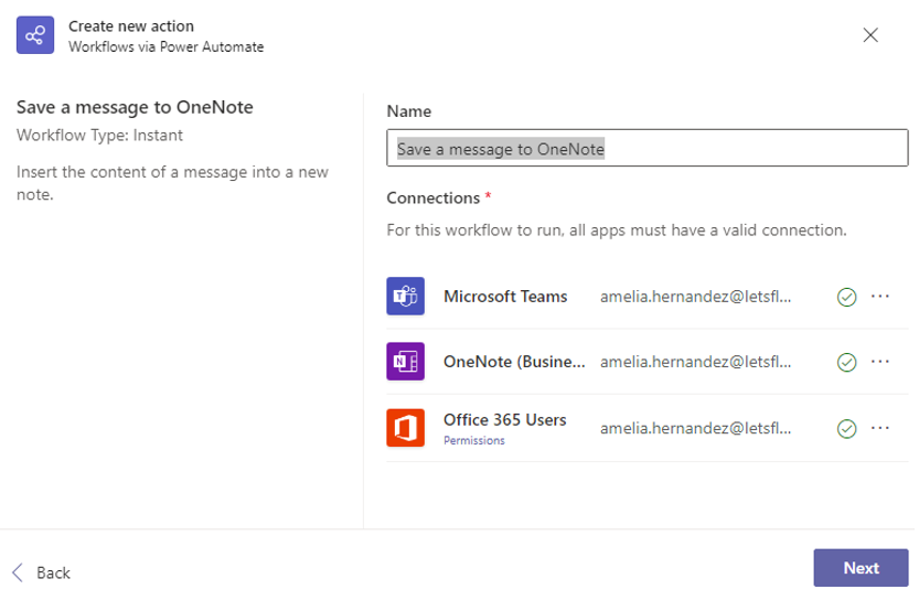 Screenshot of Power Automate instant action to save a message to OneNote