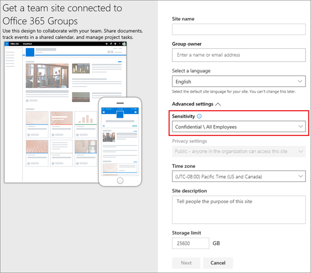 Image of SharePoint Online Site Creation with Sensitivity label selection.
